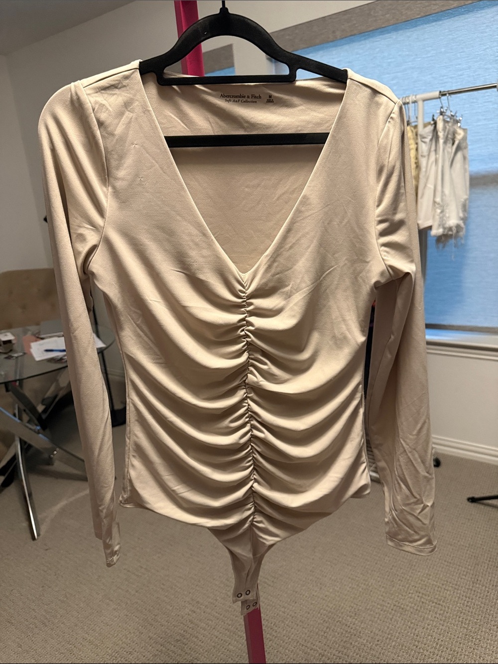 Abercrombie & Fitch Cream Ruched V-Neck Long-Sleeve Bodysuit
